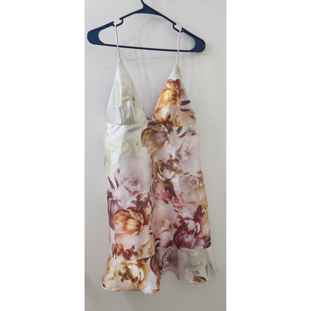 ABS Allen Schwartz Floral Mini Dress Pink Gold V-Neck Ruffle Hem Made in USA NWT